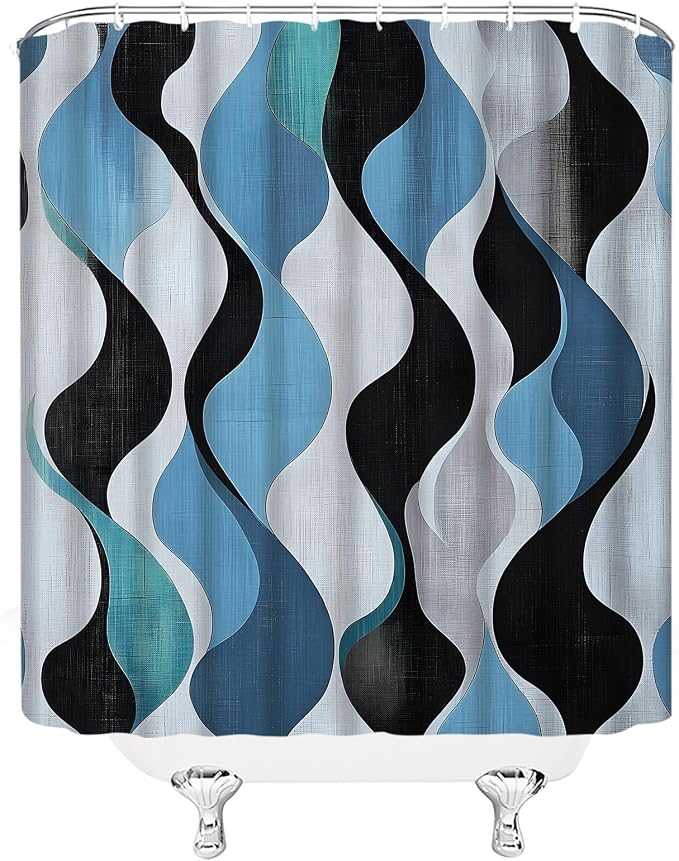Mid Century Shower Curtain Boho Minimalist Modern Abstract Aesthetic Geometric Striped Atomic Retro Earthy Fabric Bathroom Decor Set with Hooks(70" Wx78 H)