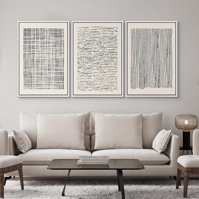 SIGNWIN Framed Canvas Print Wall Art Set Geometric Dark Black Grid Wave Pattern Abstract Shapes Cozy Neutral Modern Art Decorative Contemporary for Living Room, Bedroom, Office - 24"x36"x3 White