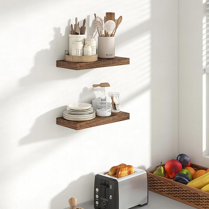 16 Inch Floating Shelves, 8 Inch Deep Floating Shelves for Wall, Hanging Shelf with Invisible Brackets, Deep Shelves for Bathroom, Bedroom, Living Room, Brown, Set of 2