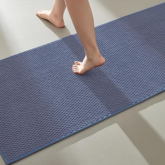 Bathroom Runner Rugs, Long Bath Mat Runner Washable Thin Quick Dry Low Pile Bathroom Runner Rugs Non Slip, Denim Blue 16"x60"