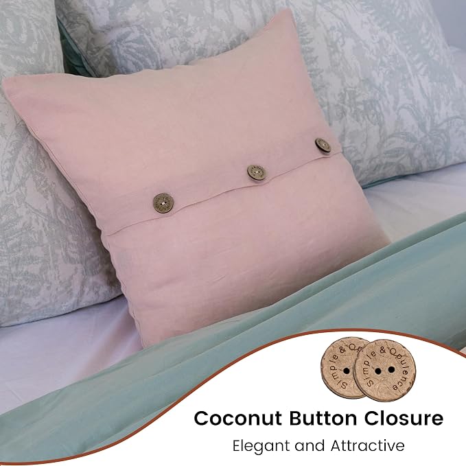 Simple&Opulence Linen Throw Pillow Covers Pack of 2, Triple Coconut Button Vintage Farmhouse Natural Flax Decorative Square Cushion Cover for Sofa Couch Chair - Brush Pink, 18'' x 18''
