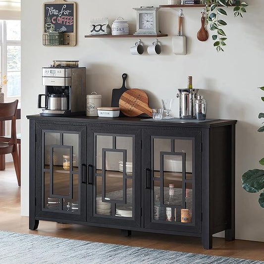 Large Sideboard Buffet Cabinet with Storage, 55" Farmhouse Black Kitchen Coffee Wine Bar Cabinet with 3 Glass Doors, Wood Mid Century Modern Side Board Table for Dining Room, Living Room