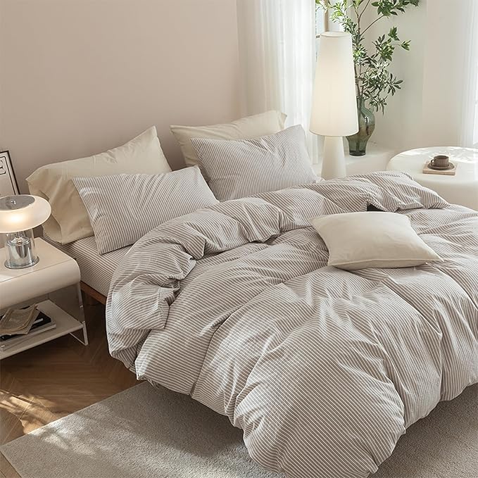 JIYUAN 100% Washed Cotton Striped Duvet Cover Set 3 Pieces Queen, 1 Duvet Cover and 2 Pillowcases(Comforter Not Included),Linen Like Bedding Set Comfy and Breathable,Pinstripes-Heathered Taupe White