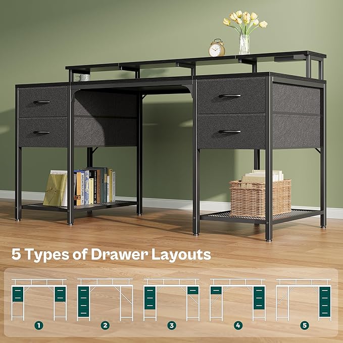 Huuger 63 inch Computer Desk with 4 Drawers, Gaming Desk with LED Lights & Power Outlets, Home Office Desk with Large Storage Space for Bedroom, Work from Home, Black