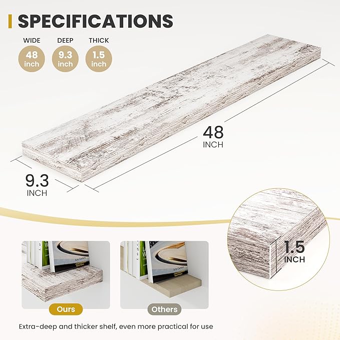 48 Inch Floating Shelves, 9.3" Deep Floating Shelf Wall Mounted, 48" Wall Shelves, Rustic Deep Bookshelf, Large Display Shelves & Storage Shelves for Bedroom, Living Room, Rustic, Set of 2