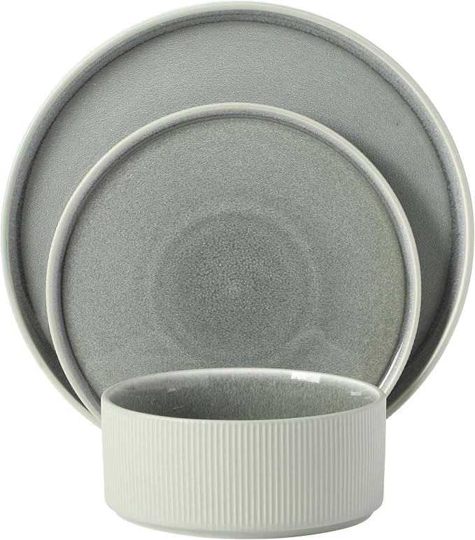 Gibson Elite Redrock Canyon 12-Piece New Bone China Dinnerware Set Service for 4, Reactive Glaze Plates and Bowls, Dishwasher and Microwave Safe, Sage Green