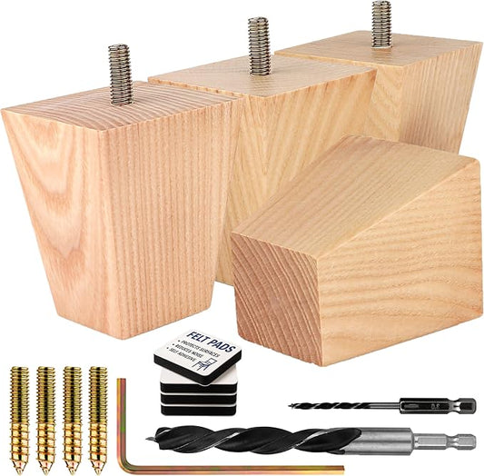 Airy Abode Premium Ash Wood Square Furniture Legs (Full Install Kit) - Pick Your Size and Color