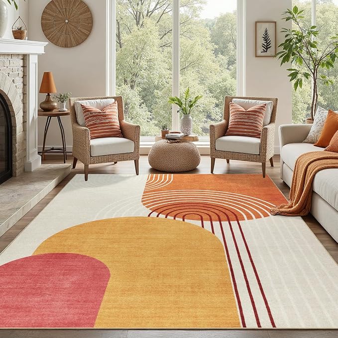 DCX Abstract Machine Washable 5x7 Rug, Mid Century Modern Rug for Living Room, Soft Low Pile Non Slip Carpet, Kid & Pet Friendly Stain Resistant Rug for Bedroom Dining Room Office, Orange & Yellow