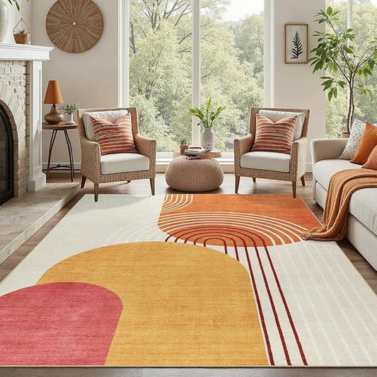 DCX Abstract Machine Washable 4x6 Rug, Mid Century Modern Rug for Living Room, Soft Low Pile Non Slip Carpet, Kid & Pet Friendly Stain Resistant Rug for Bedroom Dining Room Office, Orange & Yellow
