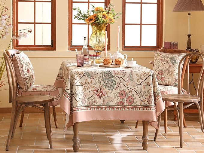 patdrea Designer Pink Linen Table Cloth for Rectangle Table,Vintage Floral with Birds Pattern Decorative Tablcloth,French Table Cover for Kitchen Dining,Thanksgiving,Christmas,67"x118"-Kulom a