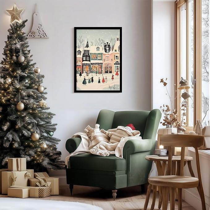 Framed Winter Street Scene Canvas Wall Art Retro Painting Print Poster Picture Gallery Wall Decor Living Room Bedroom Dining room 16X24 Inch Ready to Hang