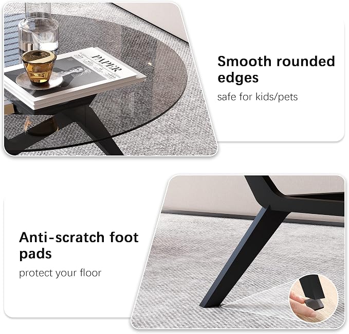 Glass Coffee Table - Round Coffee Table with Clear Tempered Glass Top, Modern Low Minimalist Center Table, Sturdy Solid Wood Coffee Table for Living Room Home Office, Black