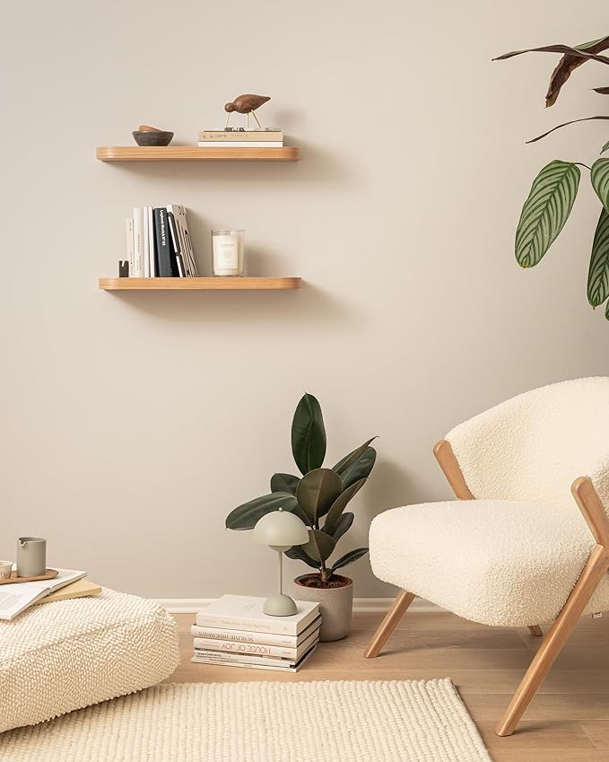 Kazai.® 23.6 inches Floating Shelves for Wall 'Toke' | Set of 2 Small Mounted Wooden Shelf Units | Modern Wall Decor & Storage for Living Room, Bathroom, Kitchen, Bedroom & More | Oak