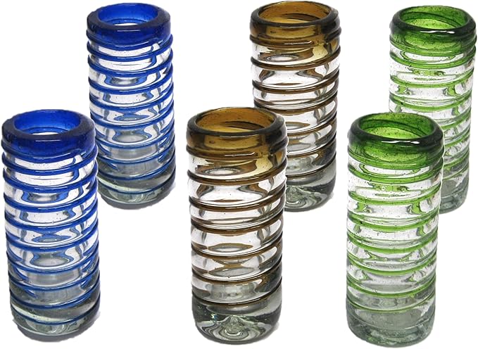 Blue & Green & Amber Spiral 2 oz Tequila Shot Glasses (set of 6), Recycled Glass, Lead-free, Toxin-Free (Shot)