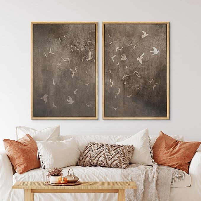 IDEA4WALL Framed Canvas Print Wall Art Set Flying Birds Silhouette Rustic Neutral Tone Abstract Illustrations Modern Art Decorative Calm/Zen for Living Room, Bedroom, Office - 24"x36"x2 Natural