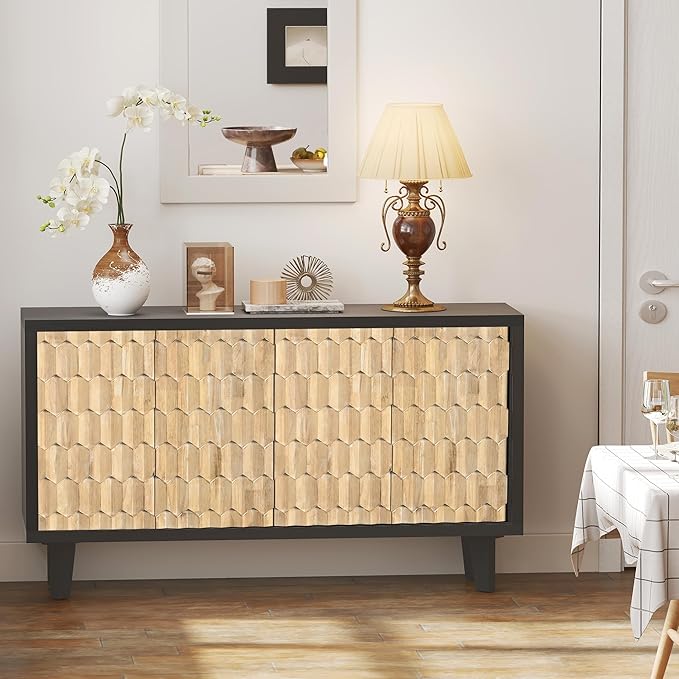 Buffet Cabinet with Storage, Distressed Storage Cabinet with 4 Carved Doors and Adjustable Shelf, Wooden Accent Sideboard Buffet Cabinets for Kitchen, Living Room, Entryway, Black&Natural