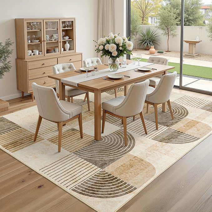 Living Room Area Rugs 6x9 - Large Washable Modern Rug for Bedroom, Non-Slip Geometric Abstract Carpet Indoor Floor Neutral Beige Mat for Dining Room Nursery Office