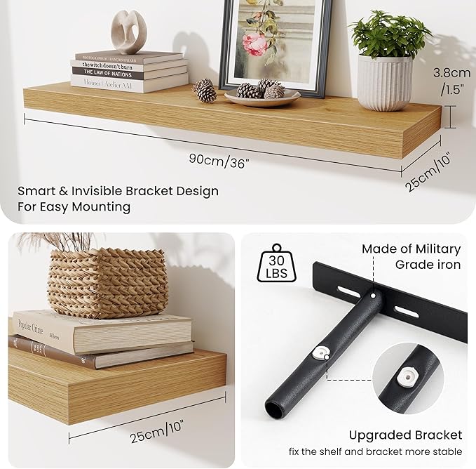 Fun Memories Floating Shelves for Wall 36 Inches, Wood Shelves with Invisible Bracket, 10" Deep Shelves Wall Mounted, Large Wood Floating Shelves for Living Room Bathroom, Oak, Set of 2