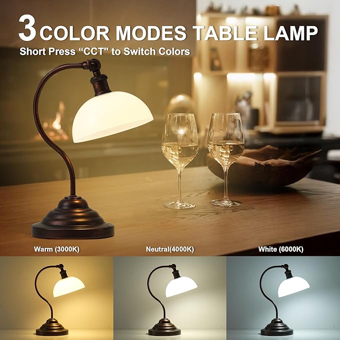 KARTOOSH Cordless LED Table Lamp, Battery Operated Desk Lamps with Swing Arm & Plastic Shade, Vintage Small Rechargeable Dimmable Light for Bedroom, Living Room, Nightstand, Oil Rubbed Bronze