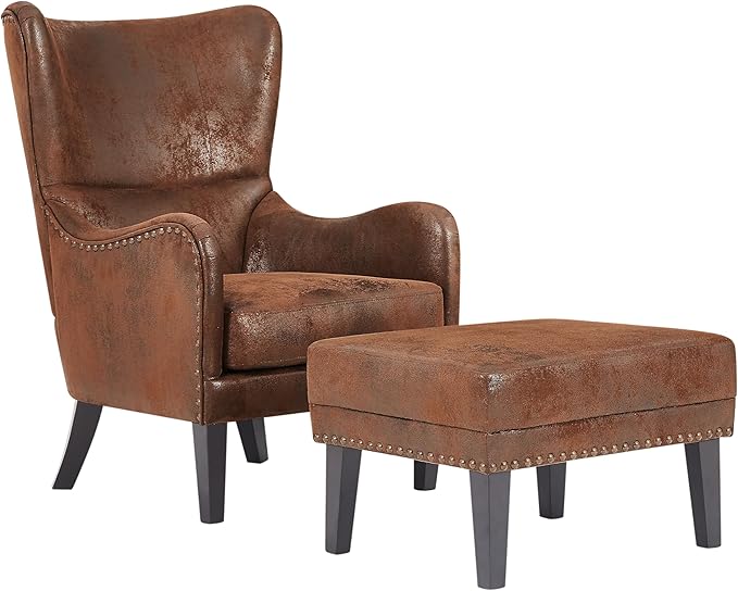 Mid-Century Modern Accent Chairs with Ottoman Footstool Set, Wingback Club Chair with Footrest Set, Nailhead Trim | Solid Wood | Vintage Distressed, Including Chair and Ottoman