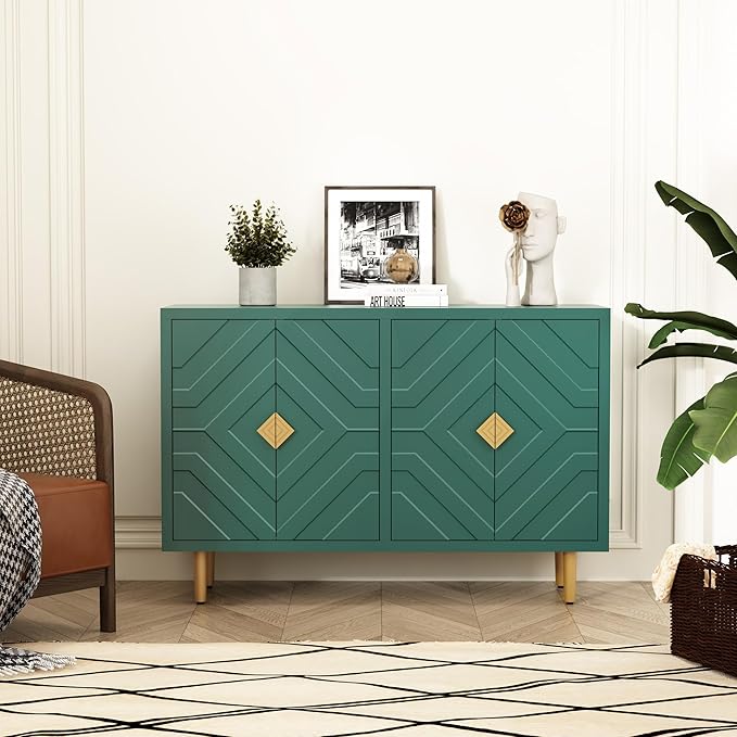 HLR 48" Accent Cabinet with 4 Doors and Shelves, Modern Sideboard Buffet Cabinet with Decorative Embossed Pattern Doors, Credenza Storage Cabinet for Living Room, Kitchen, Dining Room, Hallway