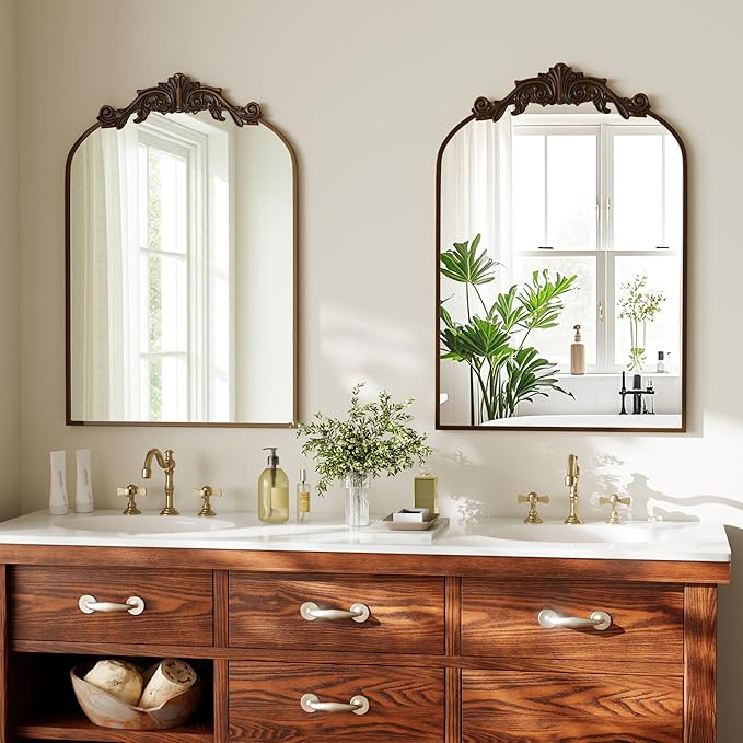 VooBang Vintage Arched Bathroom Mirror, 26x38 Inch Retro Wall Mounted Vanity Mirror with Carved Pattern Top and Metal Frame, Antique Decorative Mirror for Hanging or Leaning