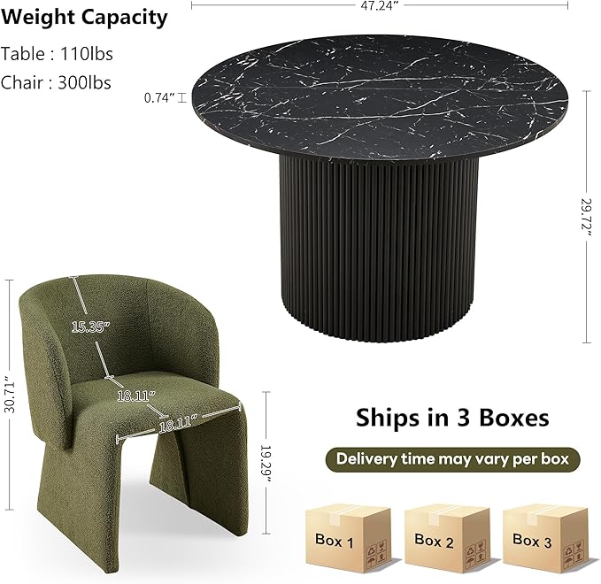 NORDICANA 3-Piece Round Dining Table Set for 2, Modern 47-Inch Kitchen Table and Chair Set, Dining Set with Dark Green Upholstered Armchairs, Manufactured Wood Top with Black Marble Effect Finish