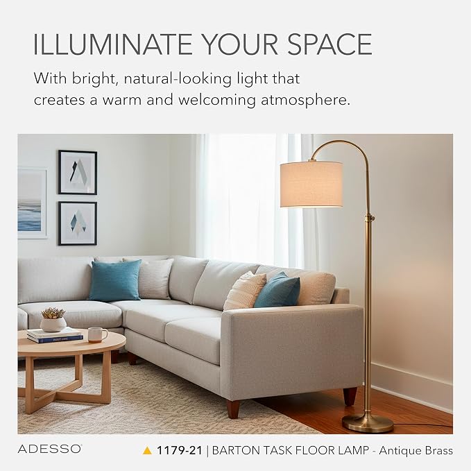 Adesso Antique Brass Floor Lamp with Oatmeal Linen Shade – Adjustable Height Accent Light for Bedroom, Living Room, or Home Office, up to 68” Tall