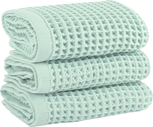 PÜSKÜL Natural 100% Turkish Cotton Waffle Kitchen Towels Set of 3 | Oeko-Tex, Premium Waffle Hand Towels for Bathroom | Soft Absorbent Quick-Dry Lint-Free Dish Towel Large 32x16 inch (3, Ice Green)