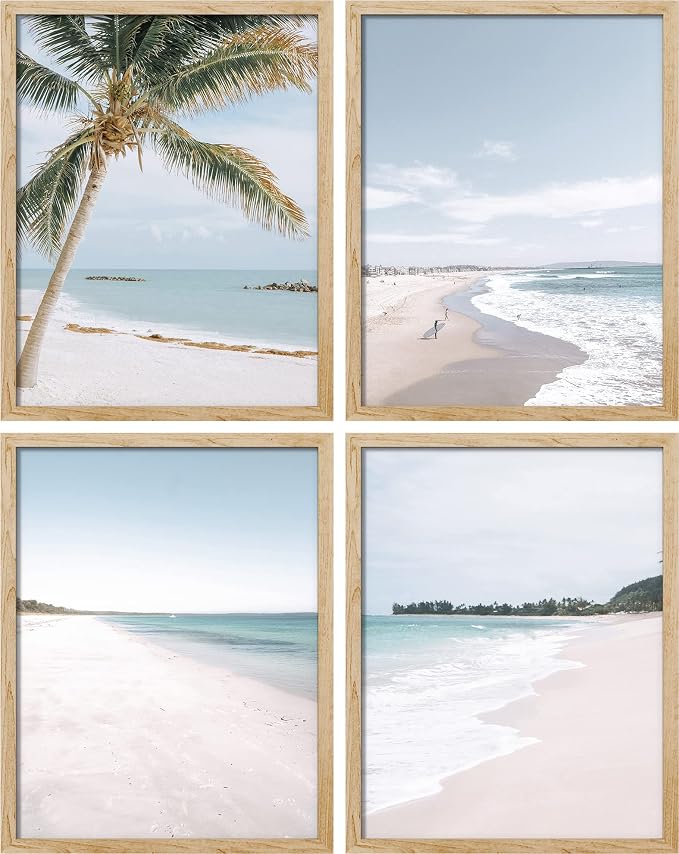 SIGNWIN Framed White Beach Shore Tropical Palm Tree Island Wall Art, Set of 4 Landscape Colorful Wall Decor Prints, Nature Wilderness Wall Décor for Living Room, Bedroom - 11"x14" Natural