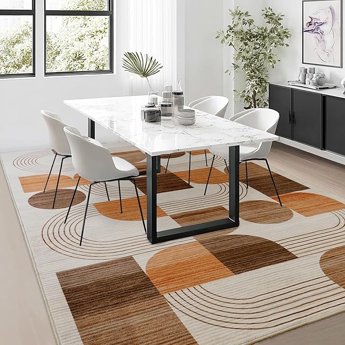 Large Machine Washable 6x9 Area Rug, Soft Modern Geometric Abstract Orange Rugs for Bedroom Living Room, Non-Shedding Faux Wool Indoor Throw Floor Carpet for Office Entryway Dining Room Decor