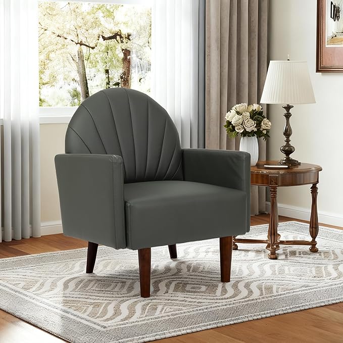 Mid-Century Accent Chair, Faux Leather Armchair - Shell-Shaped Back Waterproof PU Leather Modern Retro Lounge Chair for Living Room, Office, Bedroom & Waiting Room