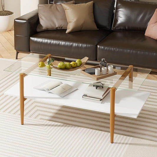 Glass Coffee Table, Rectangle Living Room Center Table with Golden Legs, Mid-Century Modern Accent Tables with Open Shelf for Living Room, Office, White