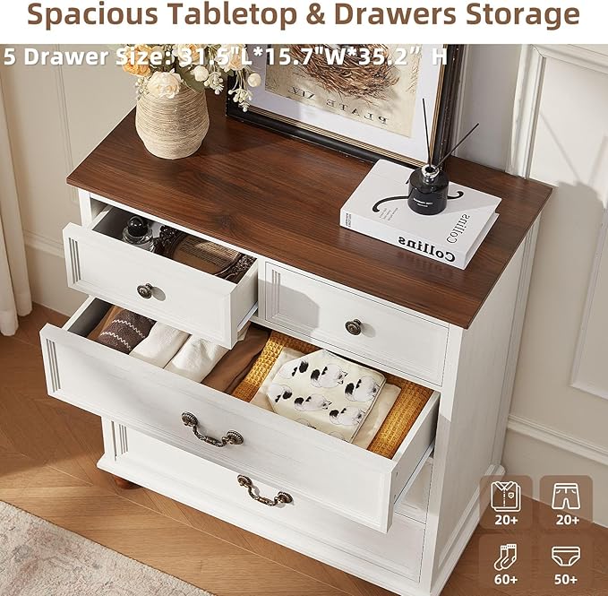 Farmhouse 5 Drawer Dresser Set of 2 for Bedroom, 35" Tall Rustic Chests of Drawers w/ 4 Solid Wood Feet, Mid Century Vintage Wooden Closet Storage Dressers Organizer for Living Room, White