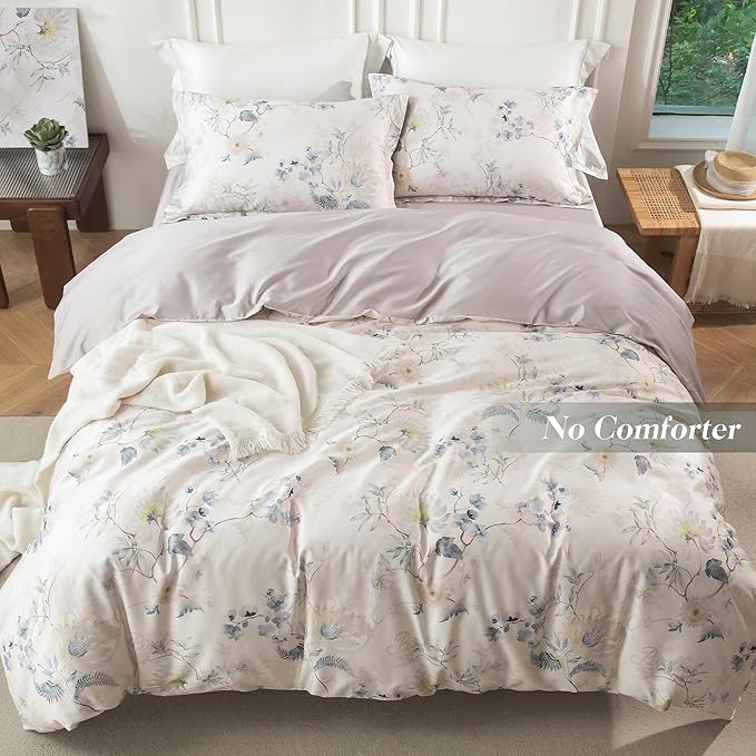 MILDLY Cal King Size Duvet Cover Set 100% Long-Staple Cotton Luxury Elegant Floral Patten Reversible Comforter Cover Set 3Pcs