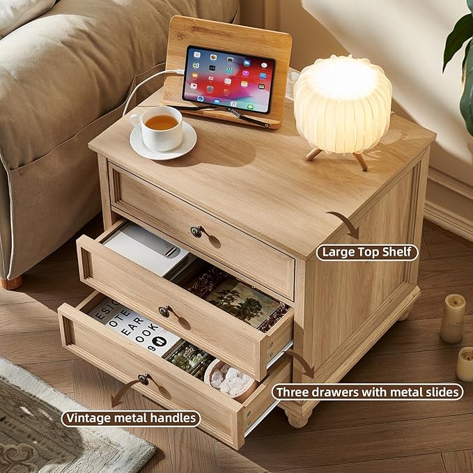 Farmhouse Nightstand with Charging Station, 24" Wide End Table with 3 Drawers,Natural Wood Dresser Cabinet for Bedroom, Bed Side Table Chest of Drawers,Night Stand for Living Room, Closet