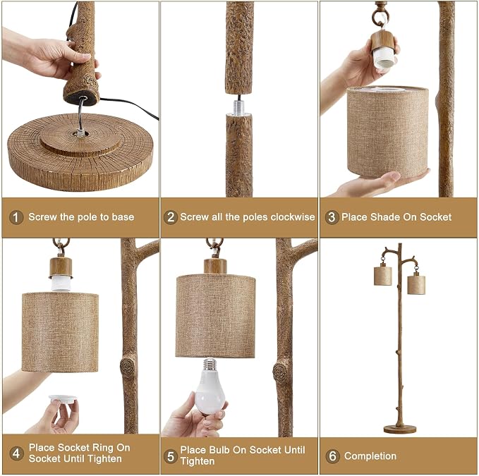 EJIAXIN Rustic Floor Lamp for Living Room - 69" Farmhouse Floor Lamp with 2 Country Vintage Reading Light - Tree Trunk Tall Lamp Standing Lamps for Bedroom Office Home Decor (Brown, Bulb Included)