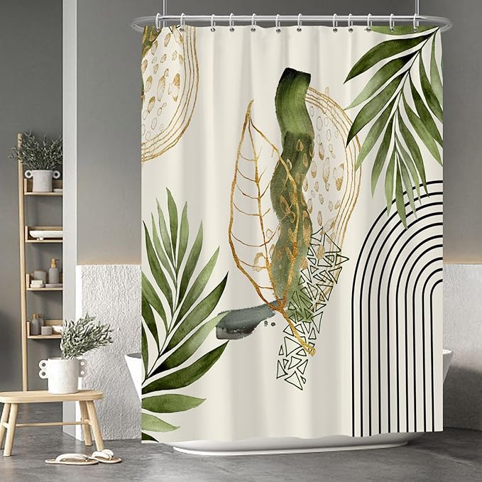 Baocicco Boho Shower Curtain Green Gold Leaves Modern Abstract Geometric Minimalist Shower Curtains Decorative for Bathroom Waterproof Fabric Shower Curtain with Hooks 72x96 Inches