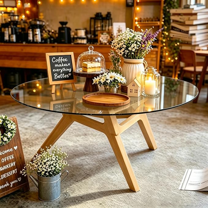 Glass Coffee Table - Round Coffee Table with Clear Tempered Glass Top, Modern Low Minimalist Center Table, Sturdy Solid Wood Coffee Table for Living Room Home Office, Wood