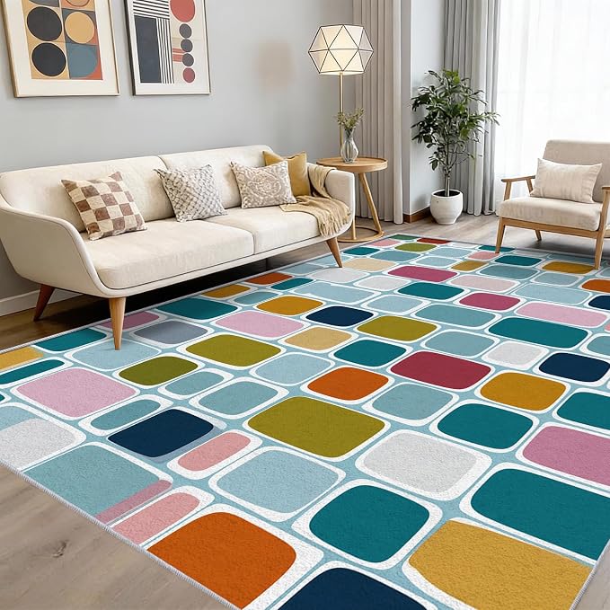 Mid Century Rug 5x7 70s Retro Groovy Pop Plaid Pattern Area Rugs for Living Room, Bedroom, Mid Century Home Decor Accessories Indoor Carpet, Non Slip & Machine Washable, GD0677