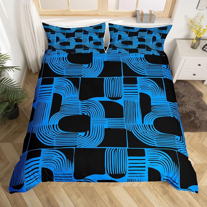 Erosebridal Black and Blue Duvet Cover Queen Size for Boys Bohemian Geometric Bedding Set Mid Century Abstract Comforter Cover for Kids Teens Youth Women Boho Stripes Minimalist Bed Sets, Breathable