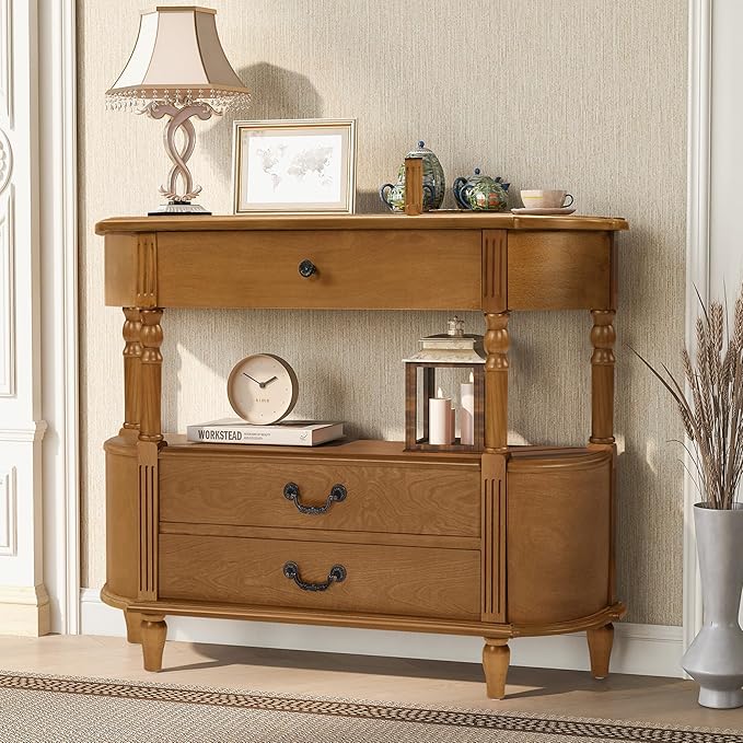 Retro Curved Console Table, 43" Solid Wood Half Moon Console Table Entryway Table Sofa Table with Open Shelf Curved Corners 3 Drawers Pine Roman Legs for Living Room,Hallway,Entryway,Brown