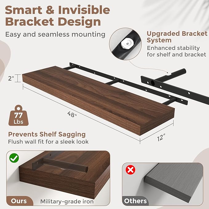 Marsmiles 12" Deep Floating Shelves for Wall with Invisible Brackets, Wall Mounted Engineered Wood Shelves with Wood Grain for Living Room, Bedroom, Kitchen Decor and Storage, 48" L Set of 1, Walnut