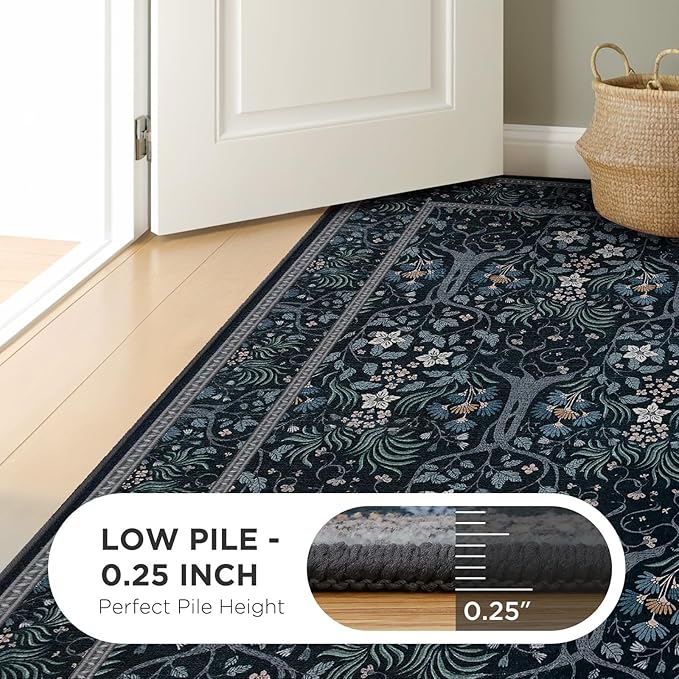 Joydeco Floral Living Room Rugs, Washable Large Bedroom Rug 8x10 Under Bed Non Slip, Soft Forest Botanical Low-Pile Floor Indoor Throw Carpet for Dining Table Home Office, Blue-Black
