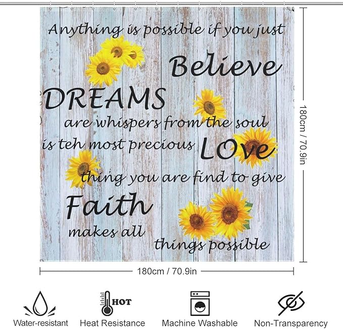 Farmhouse Sunflower Inspirational Quotes Shower Curtain Flower Wooden Background Waterproof Shower Curtains for Bathroom Decor 12 Pack Hooks 72x72in (183x183cm)
