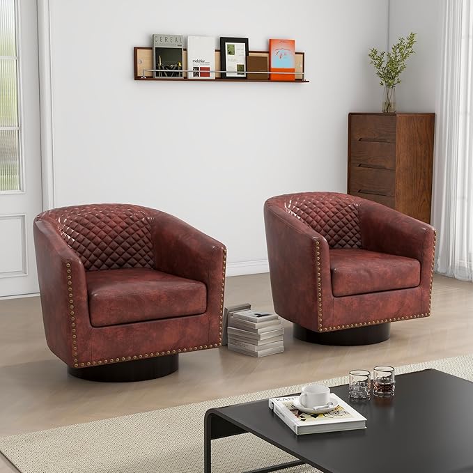 Swivel Barrel Accent Chair, Comfy Modern Upholstered Round Faux Leather Arm Chair for Living Room, Bedroom（Red Brown, Set of 2