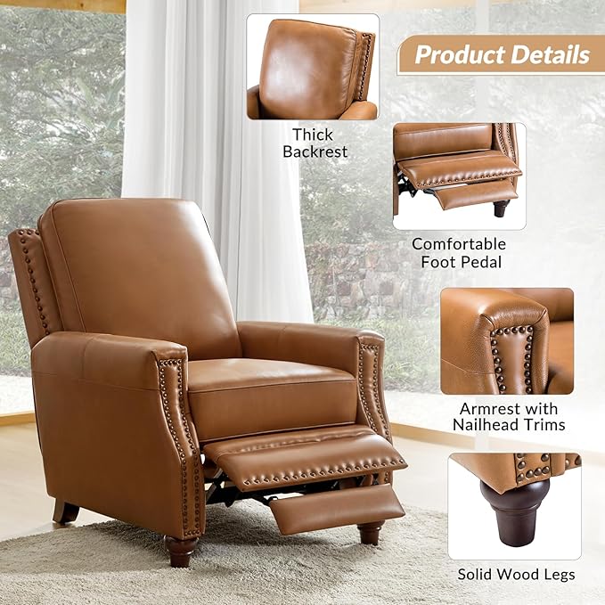 HULALA HOME Genuine Leather Recliner Chair, Classic Push Back Manual Recliner Armchair with Thick Seat and Backrest for Bedroom Living Room Reading Home Relax Office(Camel)