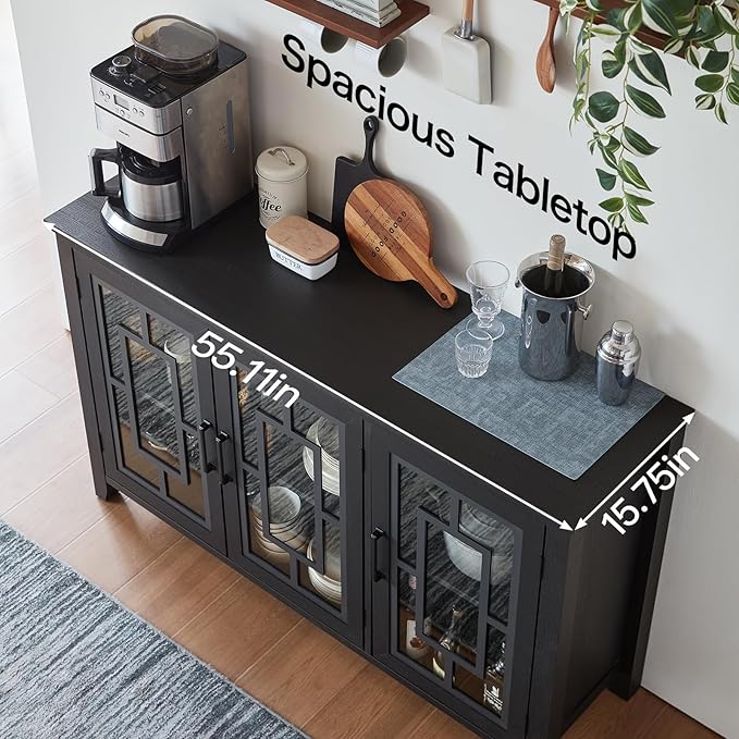 Large Sideboard Buffet Cabinet with Storage, 55" Farmhouse Black Kitchen Coffee Wine Bar Cabinet with 3 Glass Doors, Wood Mid Century Modern Side Board Table for Dining Room, Living Room