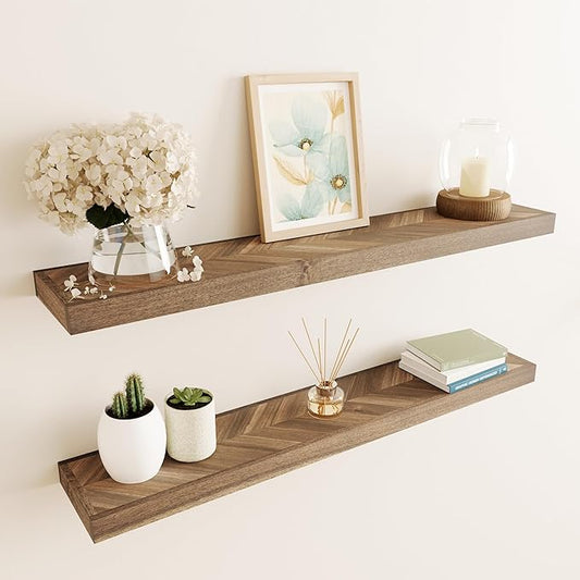 Howizz 24'' Chevron Floating Shelves for Wall, Acacia Wood Wall Mounted Shelves with Invisible Brackets, Rustic Wooden Shelf Set of 2 for Living Room, Bedroom, Bathroom, Kitchen Decor, Dark Walnut
