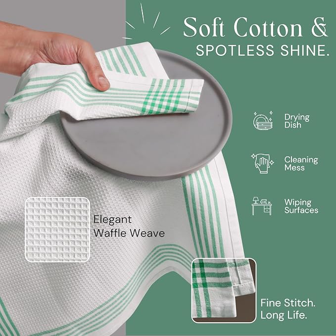 Waffle White & Dark Green Kitchen Towels 12 Pack, 100% Cotton, 16x26 inches, Super Absorbent Tea Towel for Drying Dishes, Quick Drying Kitchen Cloth Set for Daily Cooking, Cleaning